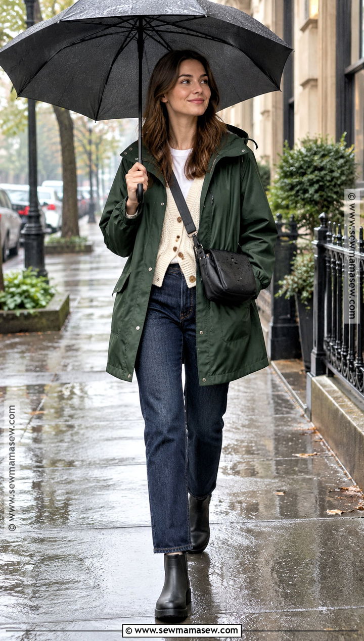 Fall Raincoat Outfit With Cardigan And Jeans - 25 Fall Layering Ideas