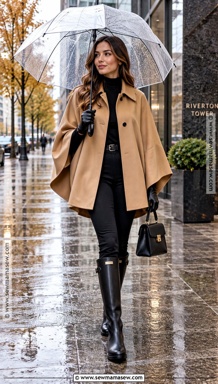 Fall Rainy Day Cape And Knee High Boots Outfit - 25 fall rainy day outfits