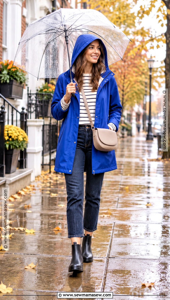 Fall Rainy Day Colorful Raincoat And Dark Jeans Outfit - 25 rainy day outfit fall ideas