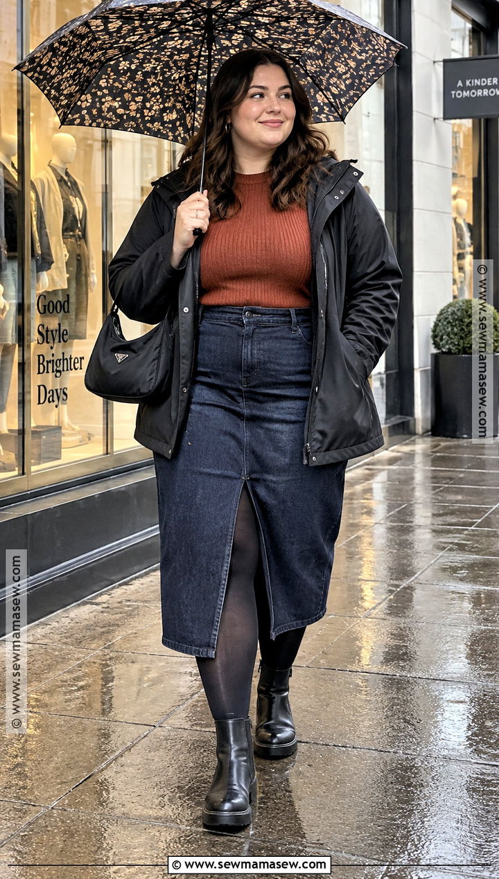 Fall Rainy Day Denim Skirt Outfit - 20 cute rainy day outfit fall ideas