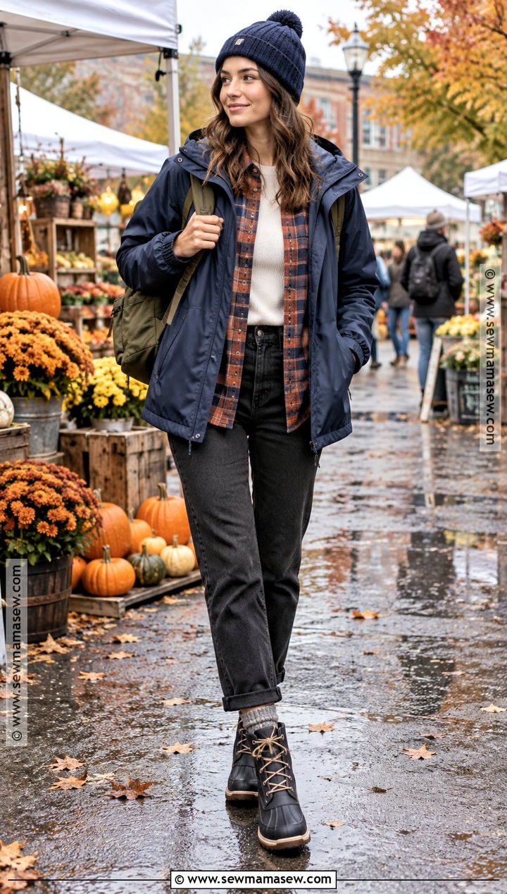 Fall Rainy Day Flannel And Waterproof Jacket Outfit - 25 fall rainy day outfits