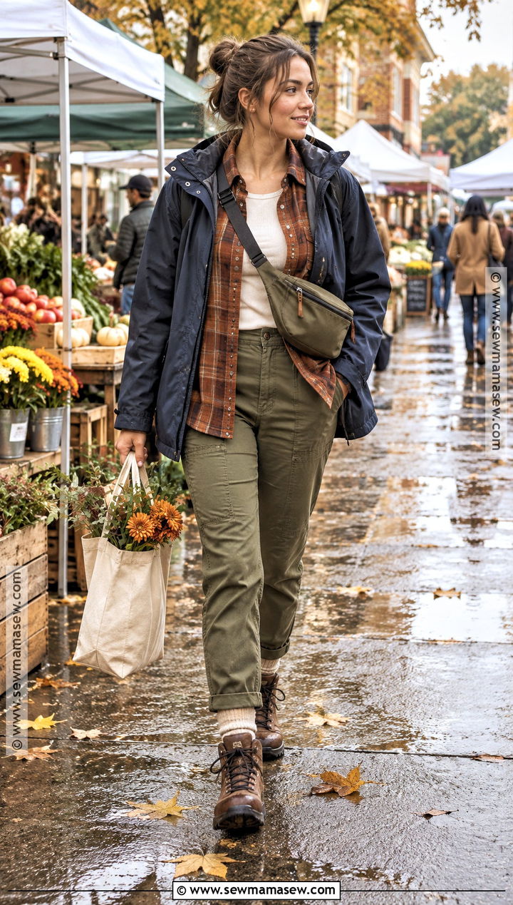 Fall Rainy Day Flannel Shirt And Utility Pants Outfit - 25 rainy day outfit fall ideas