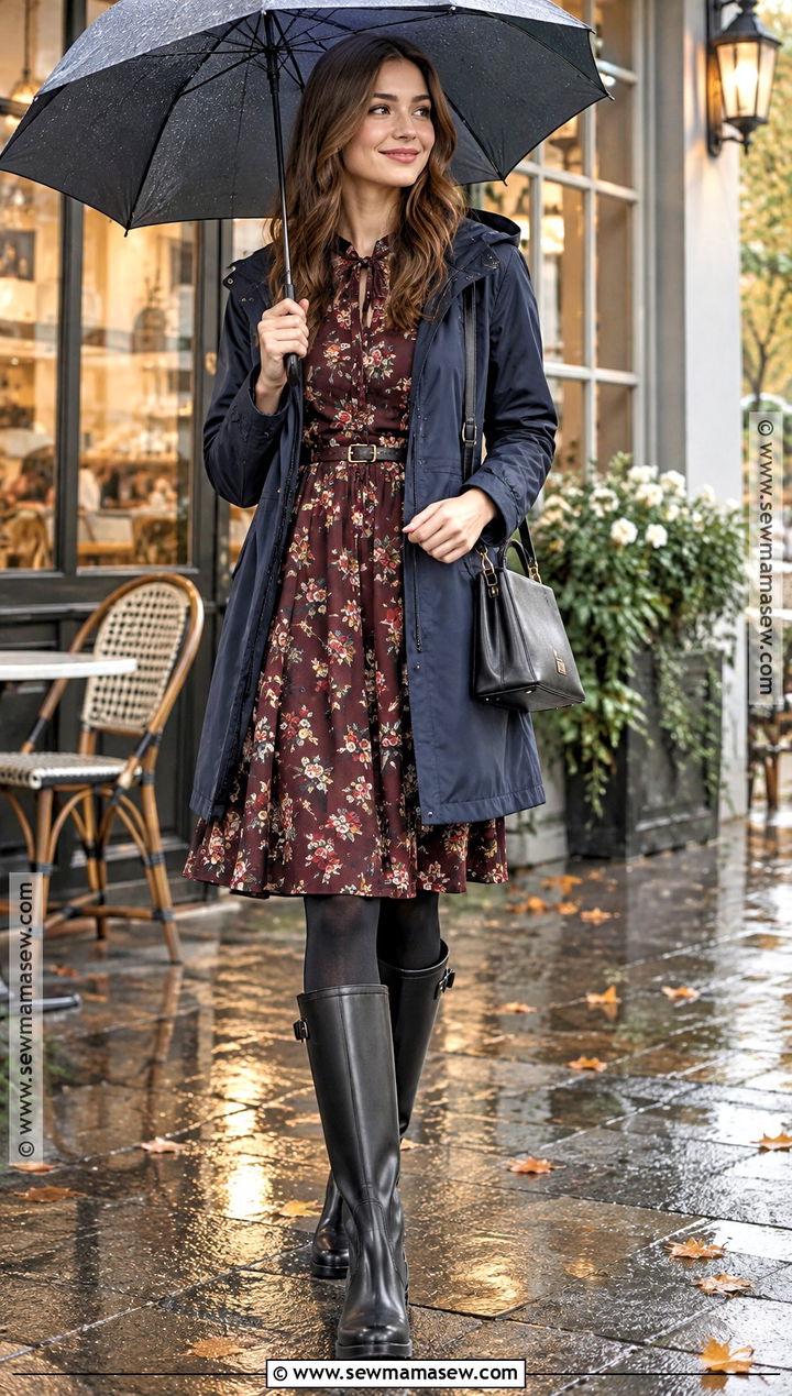 Fall Rainy Day Floral Dress Outfit - 15 fall raining day outfit ideas