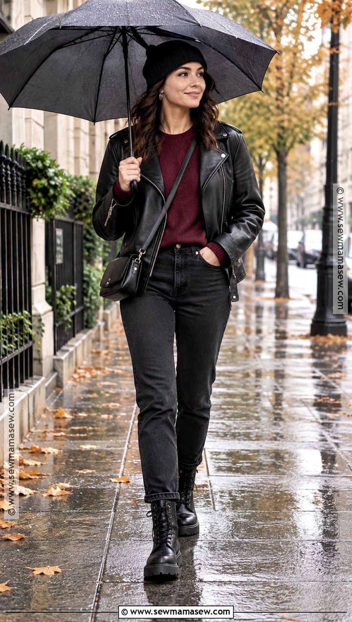 Fall Rainy Day Leather Jacket And Black Jeans Outfit - 25 fall rainy day outfits