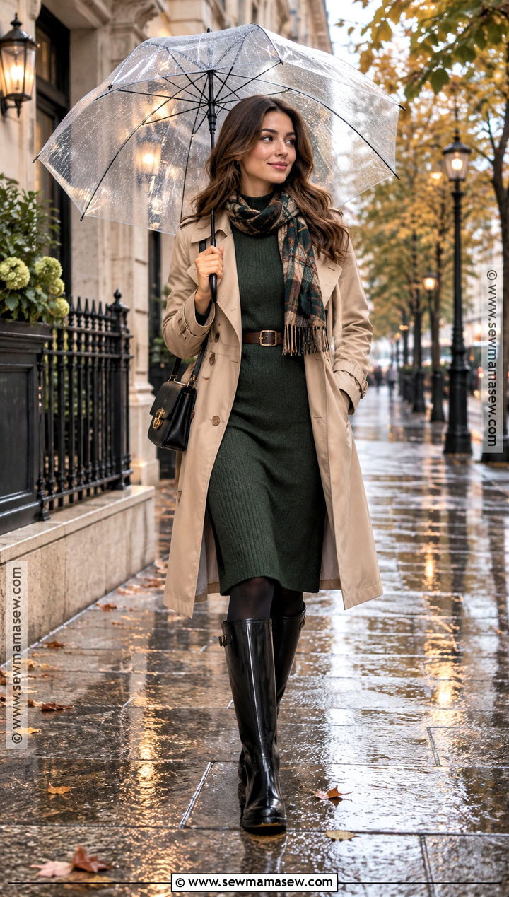 Fall Rainy Day Midi Dress And Boots Outfit - 25 fall rainy day outfits