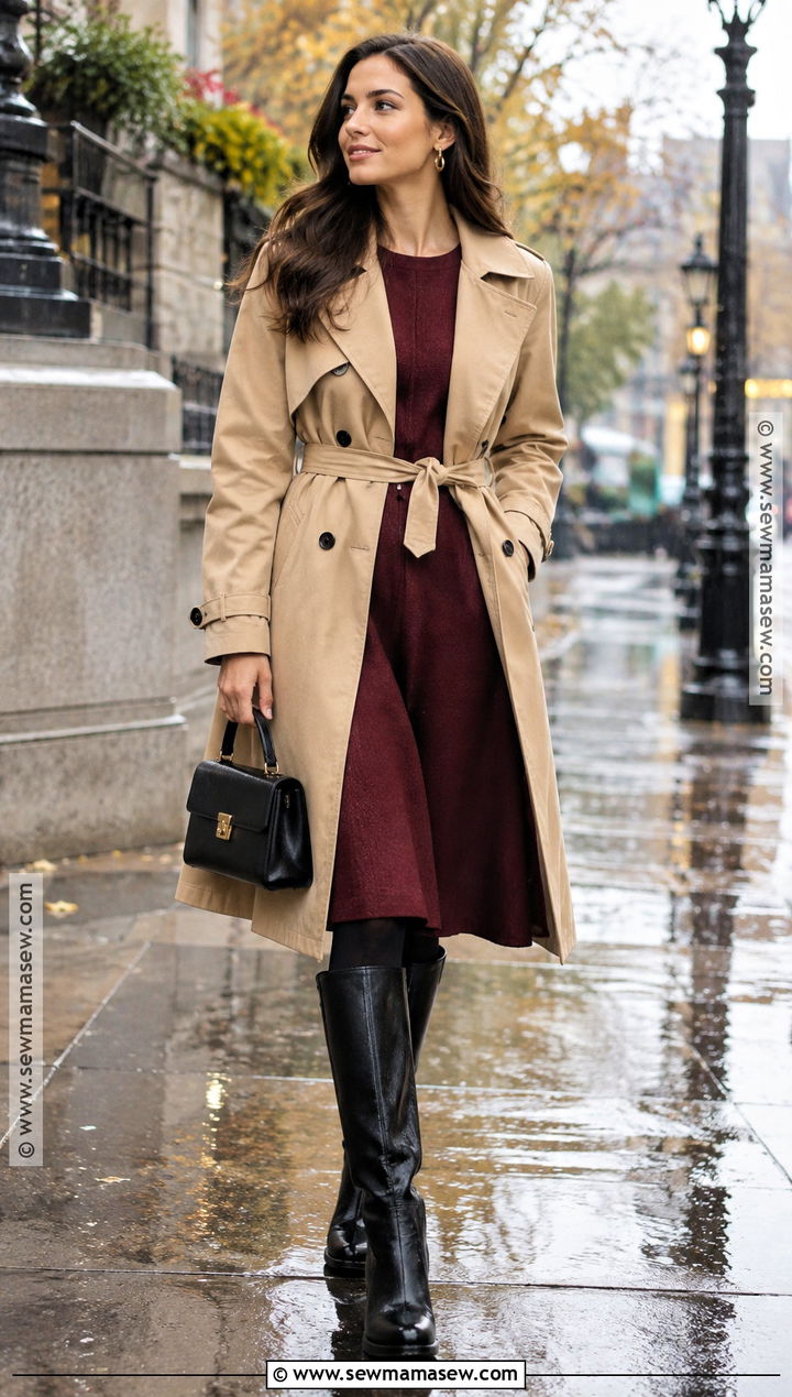 Fall Rainy Day Midi Dress And Rain Boots Outfit - 25 rainy day outfit fall ideas