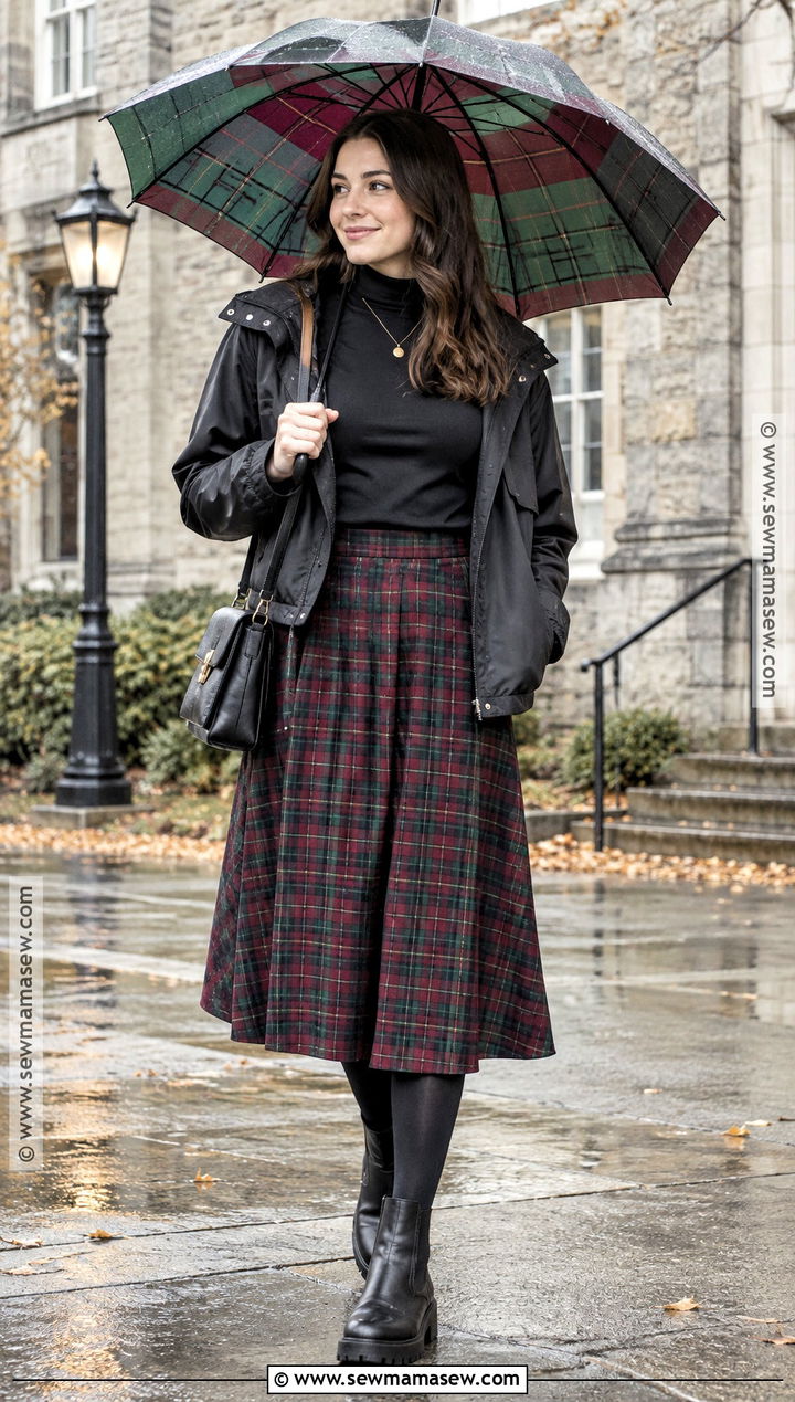Fall Rainy Day Plaid Skirt Outfit - 20 cute rainy day outfit fall ideas
