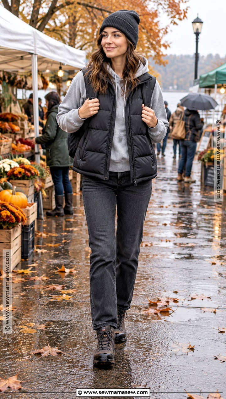 Fall Rainy Day Puffer Vest Outfit - 15 fall outfits women rainy day