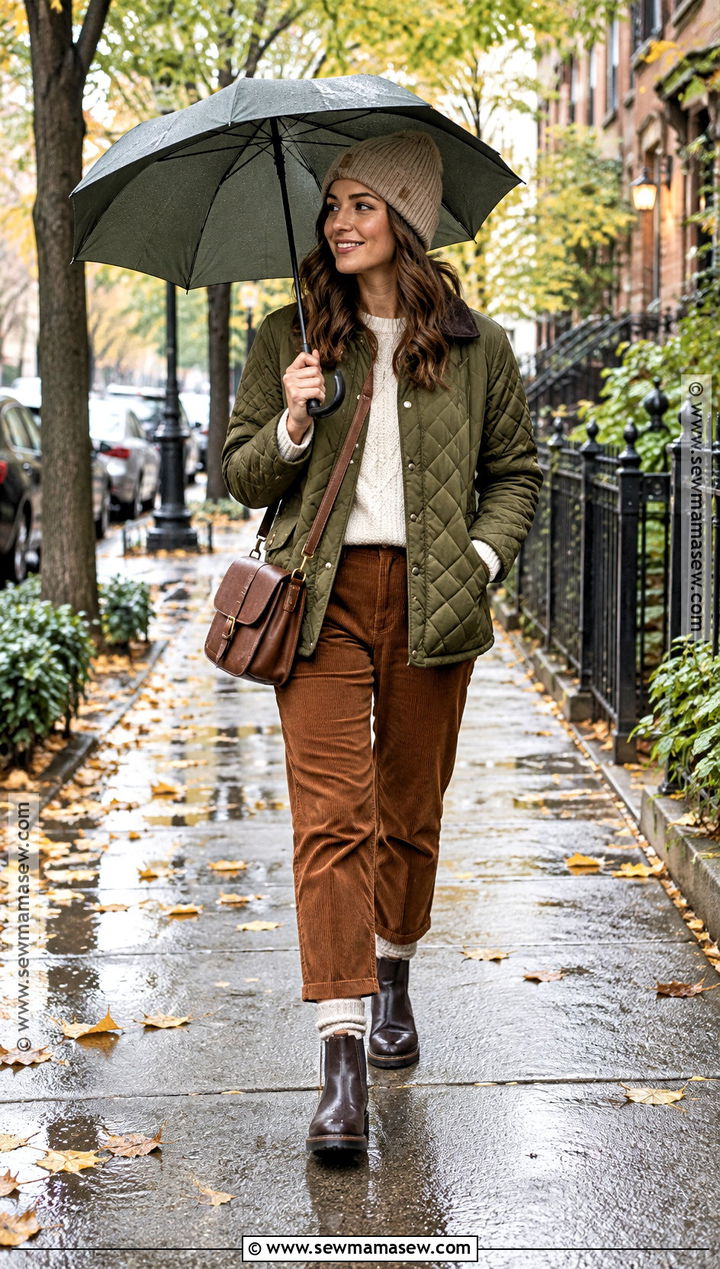 Fall Rainy Day Quilted Jacket And Corduroy Pants Outfit - 25 fall rainy day outfits