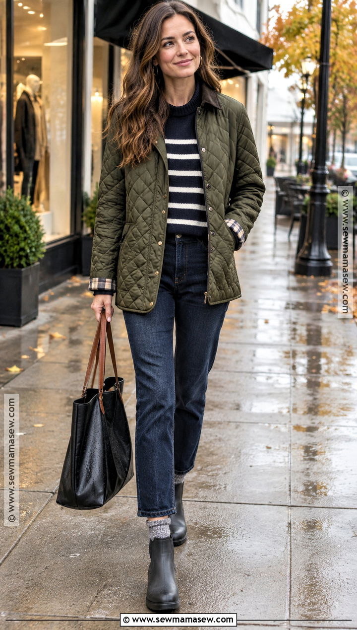 Fall Rainy Day Quilted Jacket And Straight Jeans Outfit - 25 rainy day outfit fall ideas