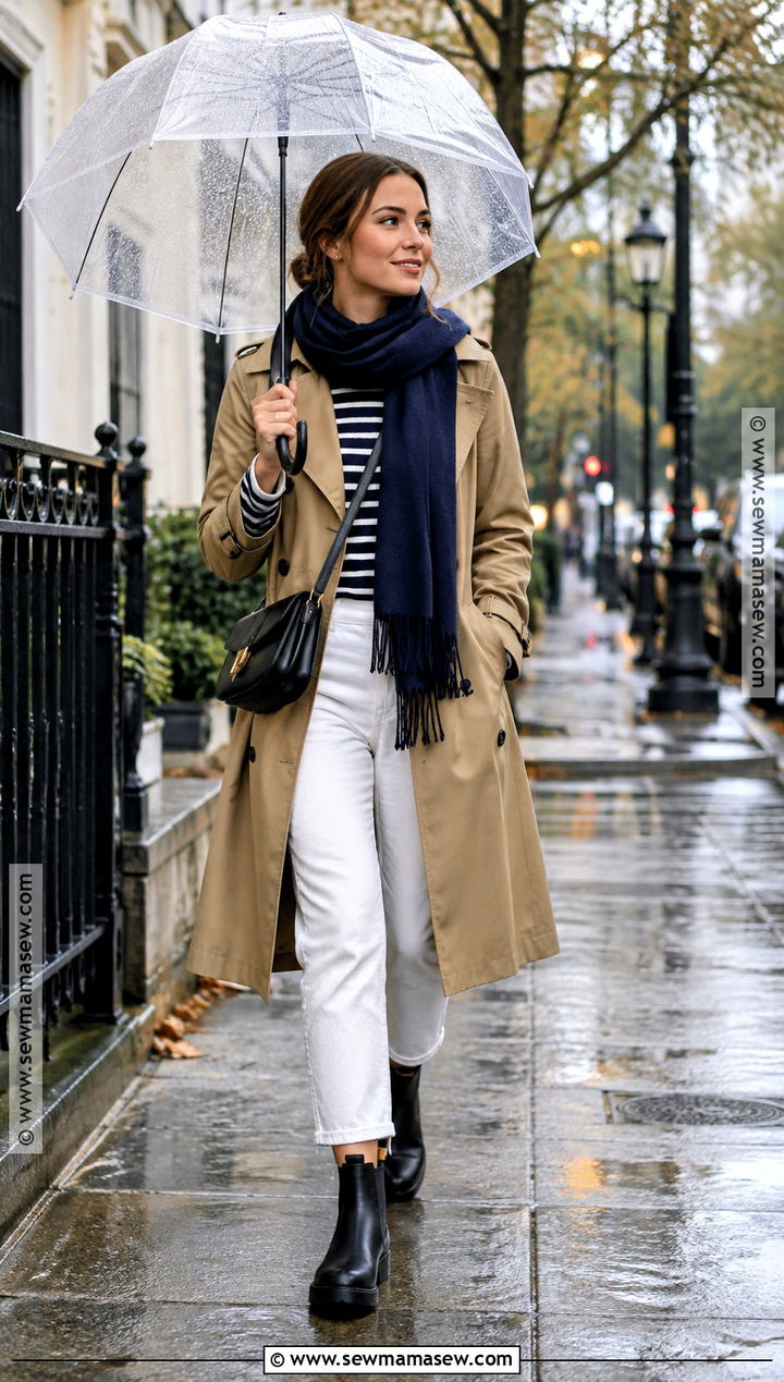 Fall Rainy Day Trench Coat And White Jeans Outfit - 25 rainy day outfit fall ideas
