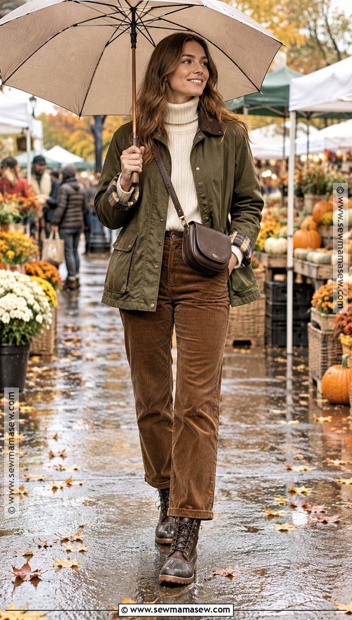 Fall Rainy Day Waxed Jacket And Corduroy Pants Outfit - 25 rainy day outfit fall ideas