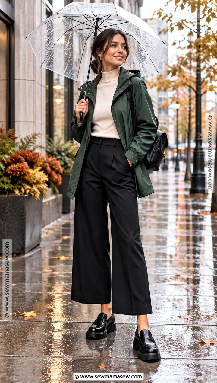 Fall Rainy Day Wide Leg Pants Outfit - 15 fall outfits women rainy day