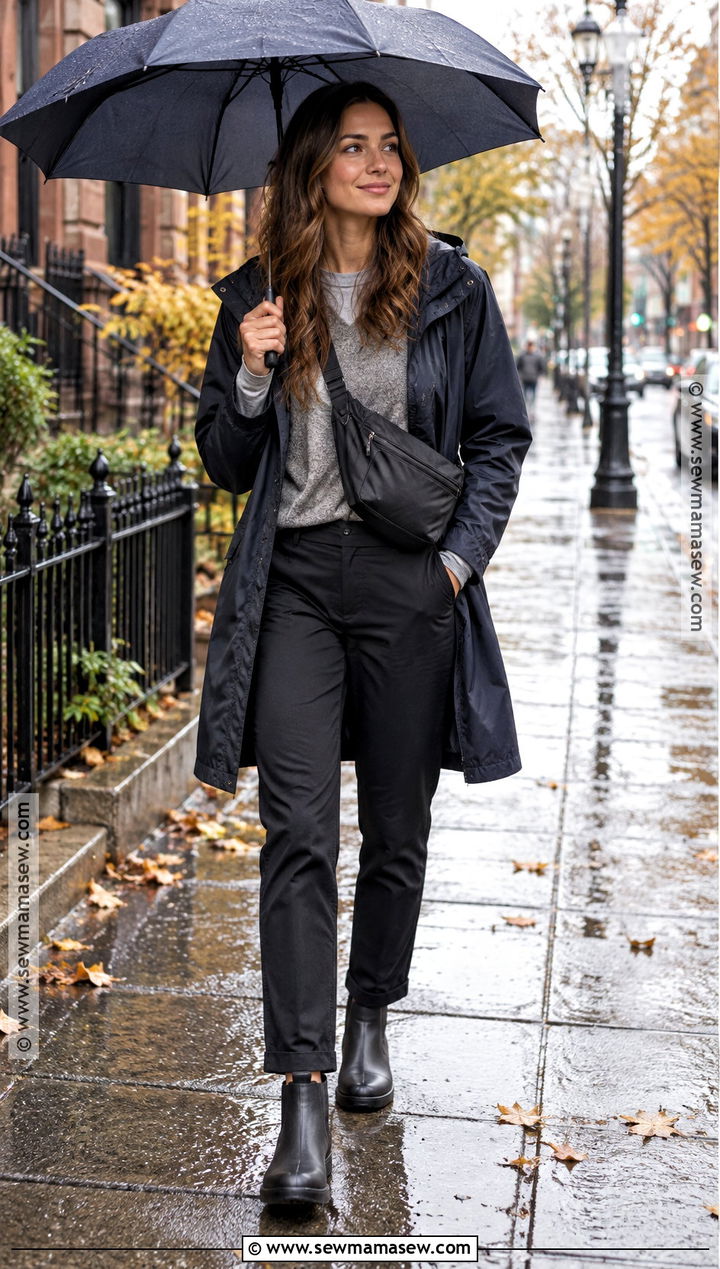 Fall Rainy Travel Outfit With Waterproof Pants and a Hooded Trench - 20 travel outfits fall