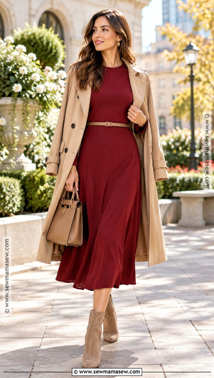 Fall Red Midi Dress With Neutral Accessories - 20 Womens Fall Dresses
