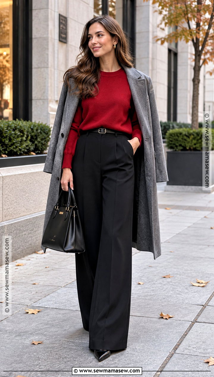 Fall Red Sweater And Black Trouser Outfit - 15 Fall Fashion Ideas 2026