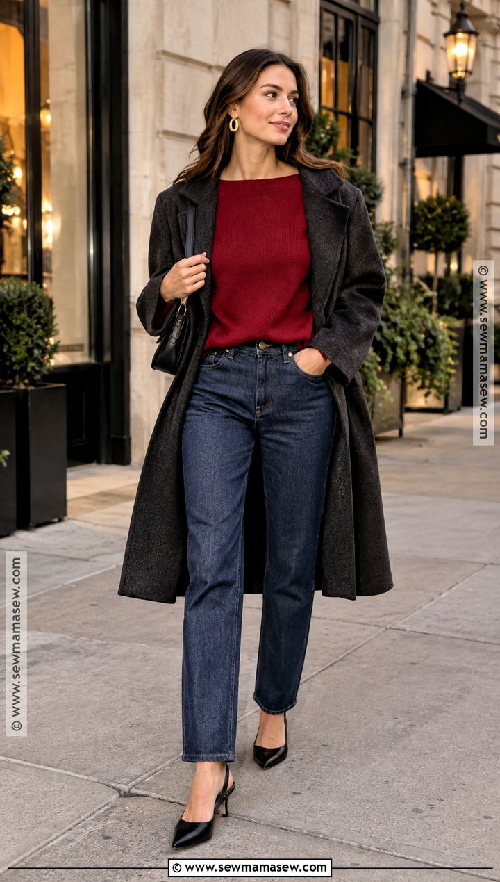 Fall Red Sweater And Straight Leg Jeans Outfit - 20 fall outfits for date night