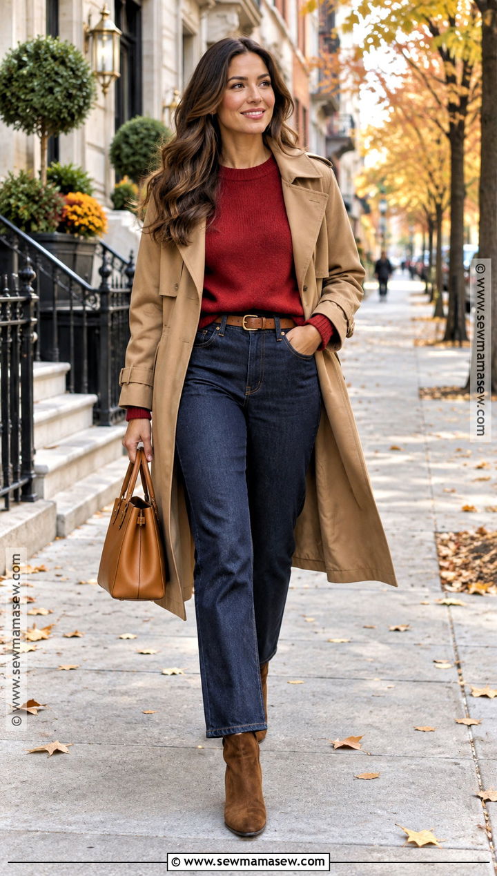 Fall Red Sweater Outfit With Dark Denim - 30 fall fashion outfits