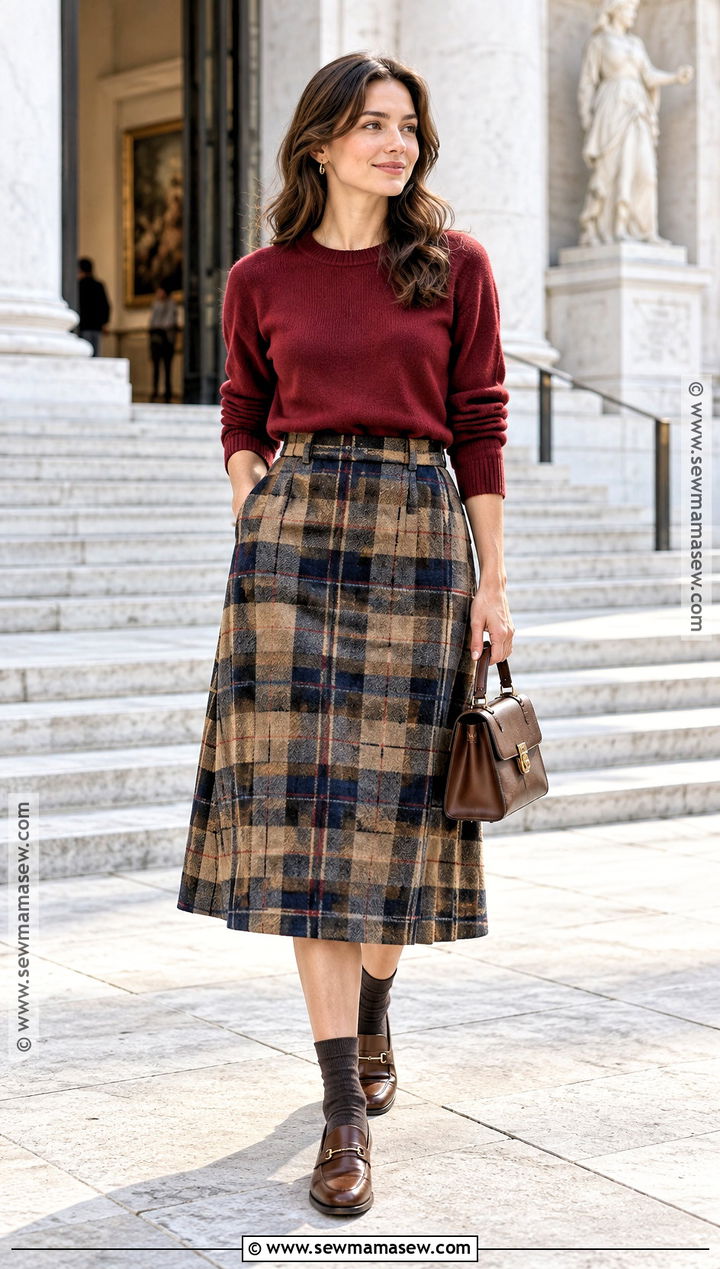 Fall Red Sweater With Plaid Midi Skirt - 15 fall sweater outfit ideas