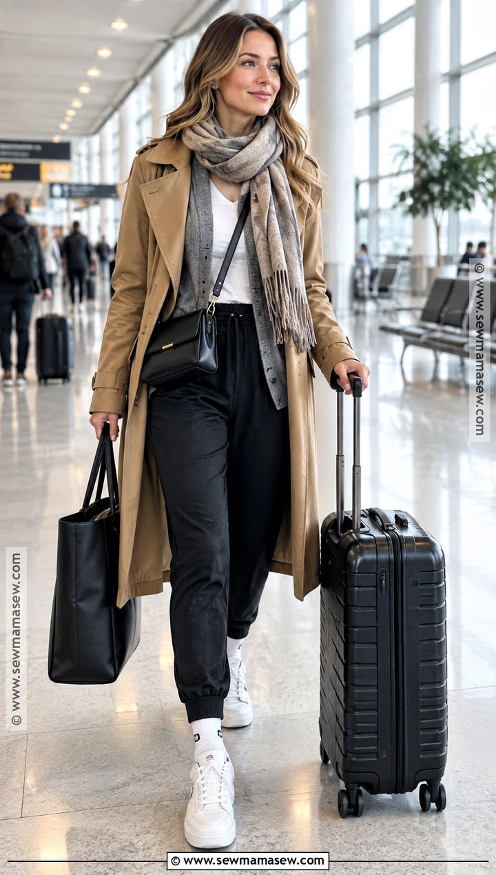 Fall Return Travel Outfit With Joggers And Trench Coat - 15 10 Days Travel Outfits Fall
