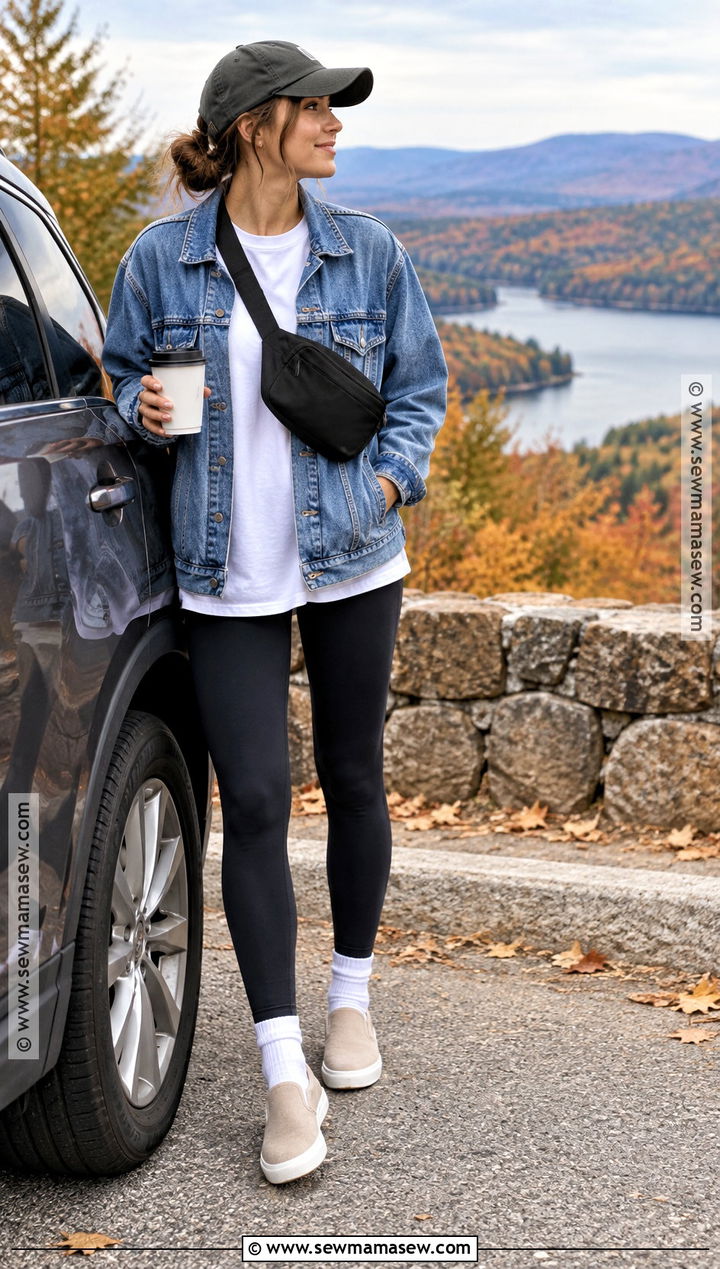 Fall Road Trip Outfit With Denim Jacket and Leggings - 20 Fall Travel Outfits for Women
