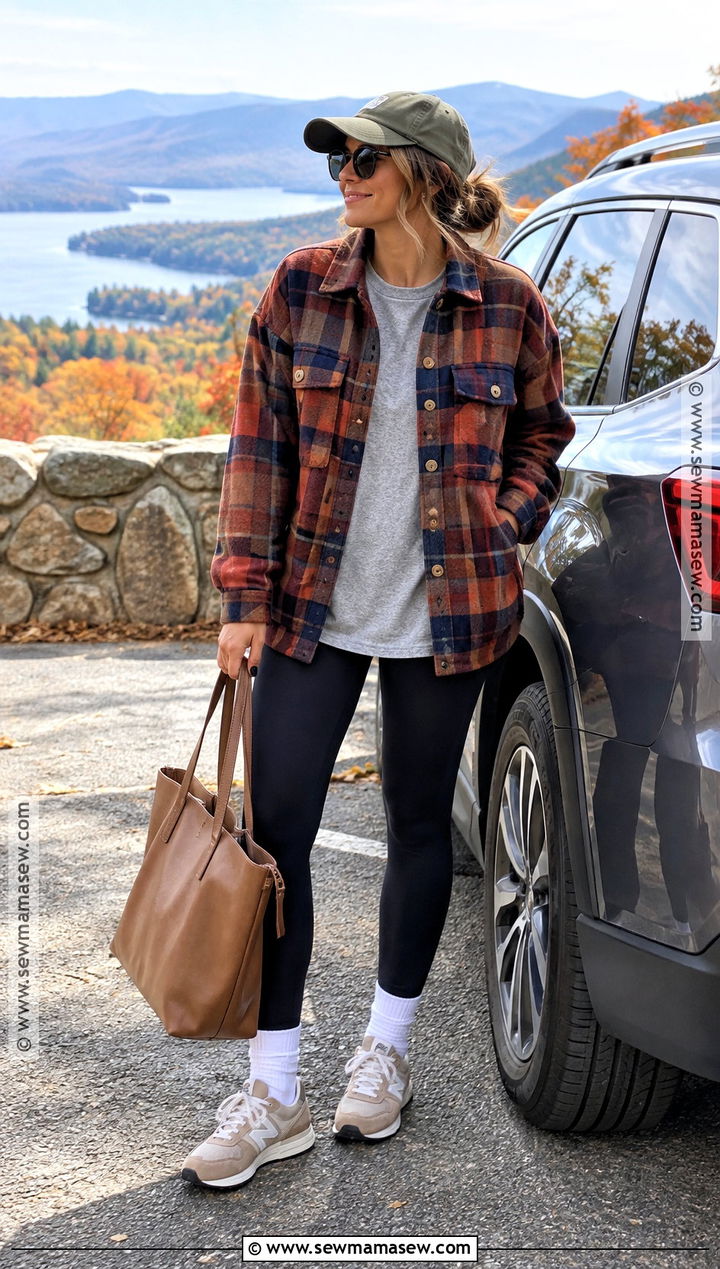 Fall Road Trip Outfit With Leggings And Shacket - 20 Vacation Fall Outfits
