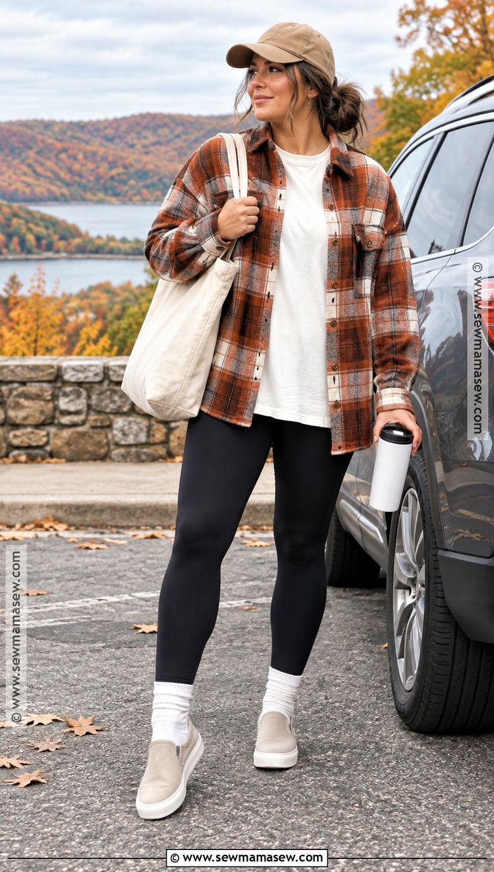 Fall Road Trip Outfit With Shacket And Leggings - 20 Fall Trip Outfits