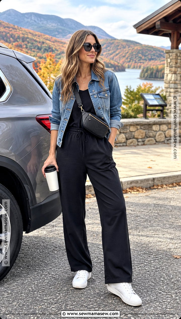 Fall Road Trip Outfit With a Black Jumpsuit and Denim Jacket - 20 travel outfits fall