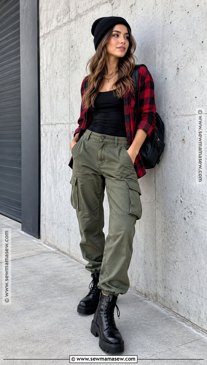 Fall Rocker Outfit With Flannel Shirt And Cargo Pants - 15 fall rocker outfits