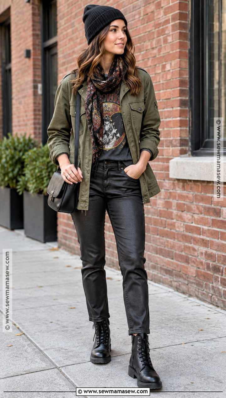 Fall Rocker Outfit With Military Jacket And Coated Jeans - 15 fall rocker outfits