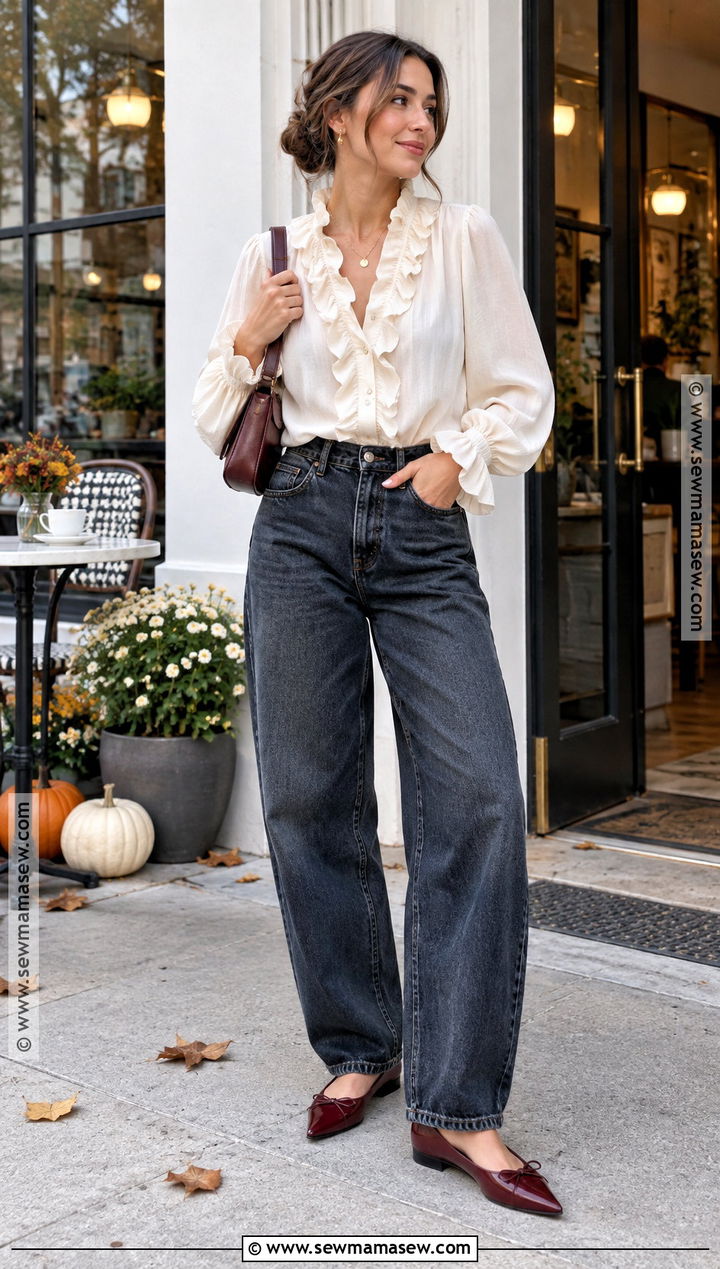 Fall Ruffled Blouse Outfit With Barrel Jeans - 20 fall outfits trendy