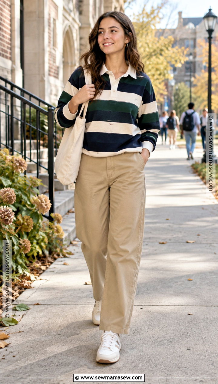 Fall Rugby Shirt And Chino Pants Outfit - 15 Fall Casual Wardrobe Ideas
