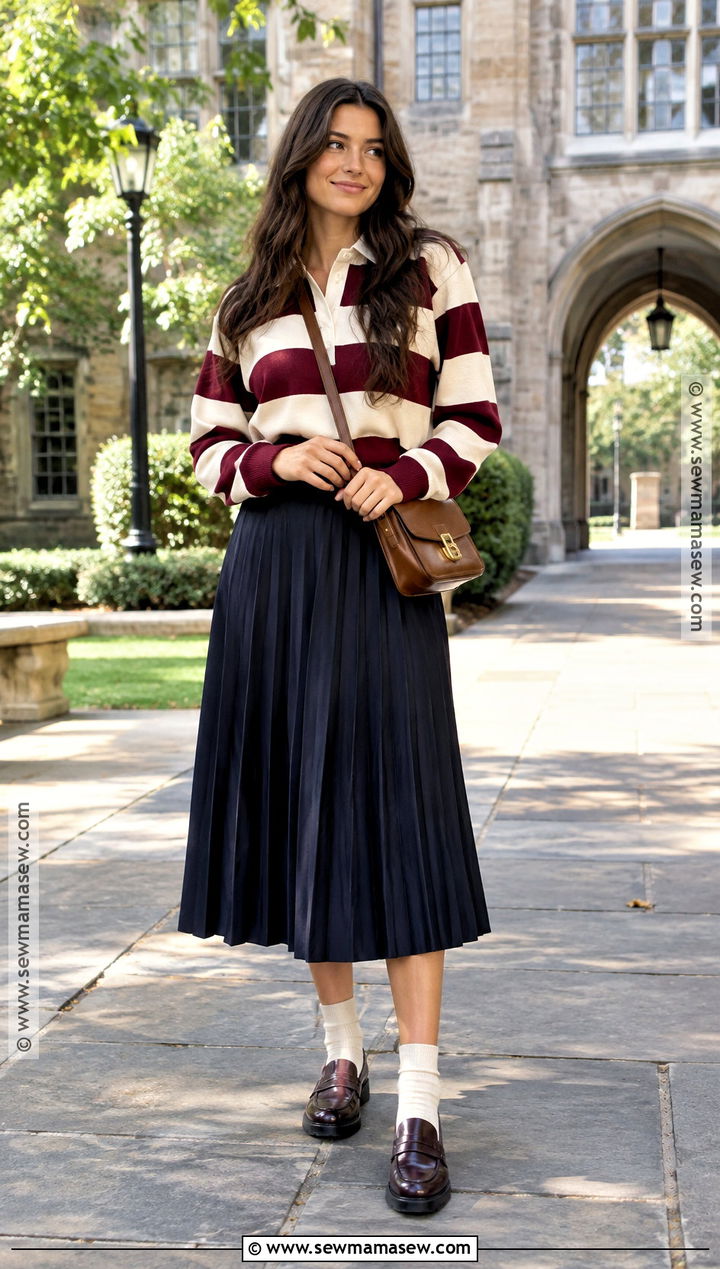 Fall Rugby Shirt And Pleated Skirt Outfit - 30 fall outfits aesthetic