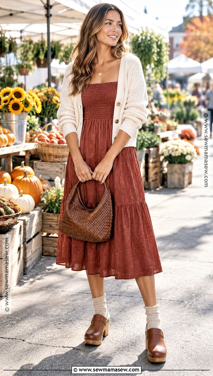 Fall Rust Smocked Dress With Clogs - 20 dresses for fall
