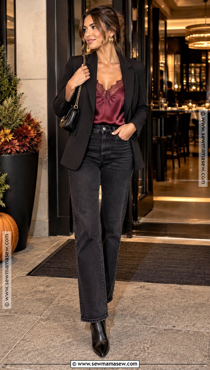 Fall Satin Camisole And Dark Jeans Outfit - 20 fall outfits for date night