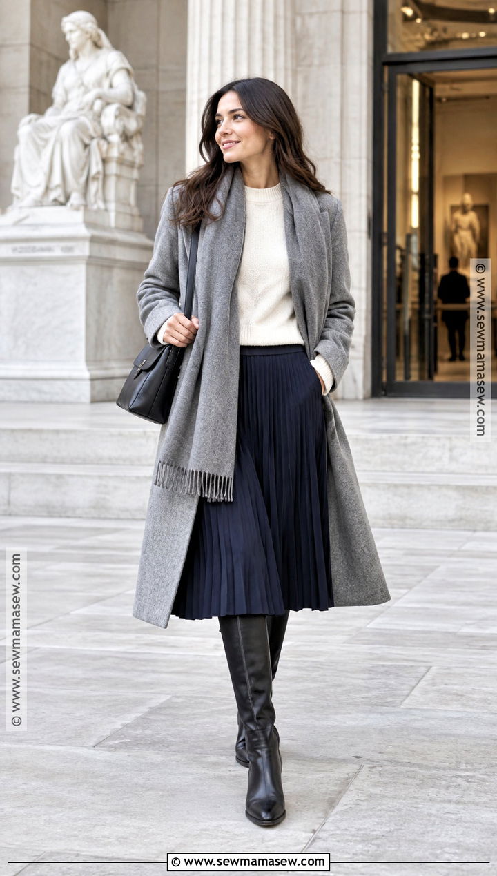 Fall Scarf Coat And Midi Skirt Outfit - 25 Fall Layering Outfits