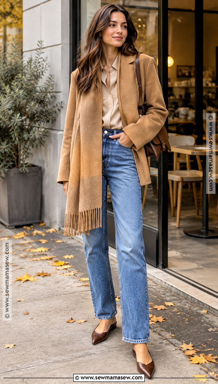 Fall Scarf Jacket And Pointed Flats Outfit - 25 fall looks for women