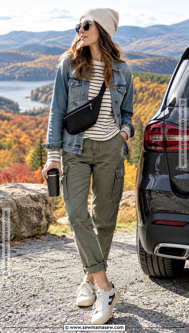 Fall Scenic Drive Outfit With Denim Jacket - 20 Vacation Fall Outfits