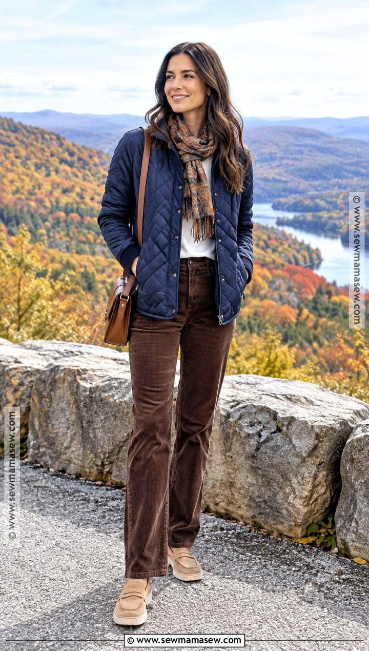 Fall Scenic Drive Outfit With Quilted Jacket and Corduroy Pants - 15 outdoor outfits for women fall