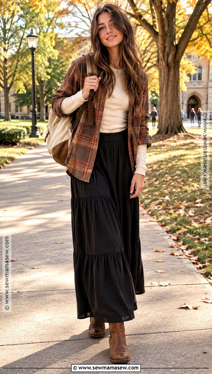 Fall School Outfit With Flannel Shirt And Maxi Skirt - 15 fit inspo for school outfits fall