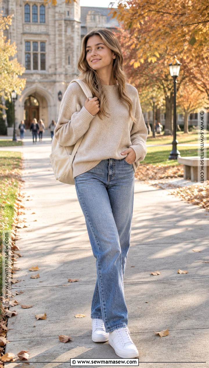 Fall School Outfit With Oversized Sweater And Straight Leg Jeans - 15 fit inspo for school outfits fall