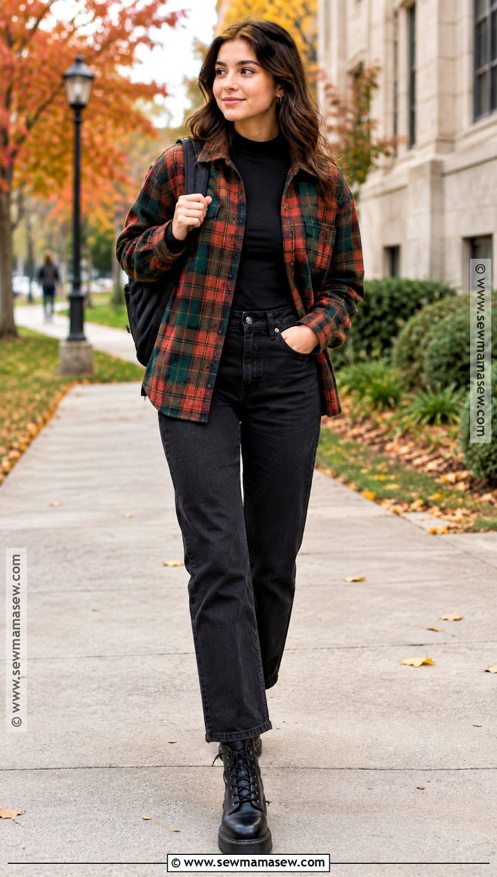 Fall School Outfit With Plaid Overshirt And Black Jeans - 15 fit inspo for school outfits fall