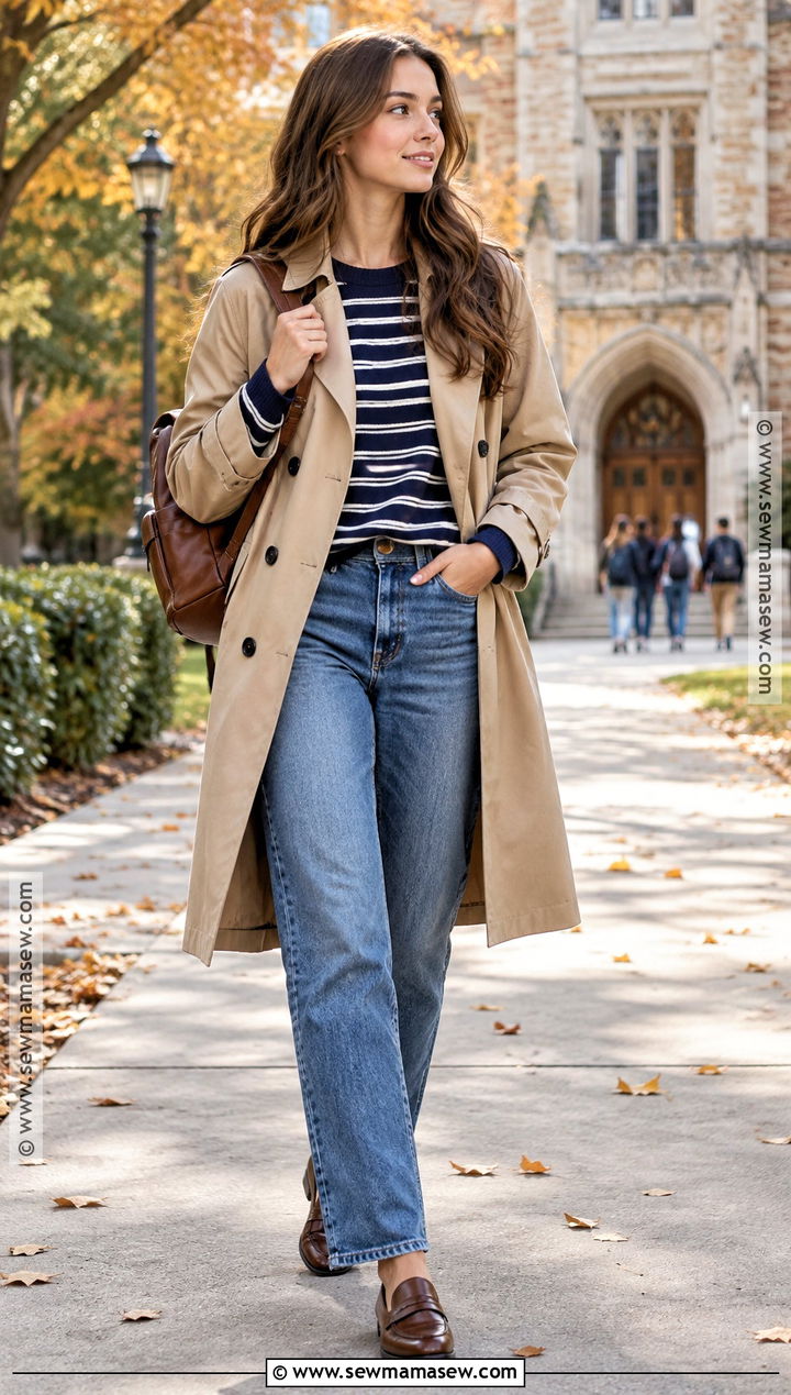 Fall School Outfit With Trench Coat And Striped Shirt - 15 fit inspo for school outfits fall