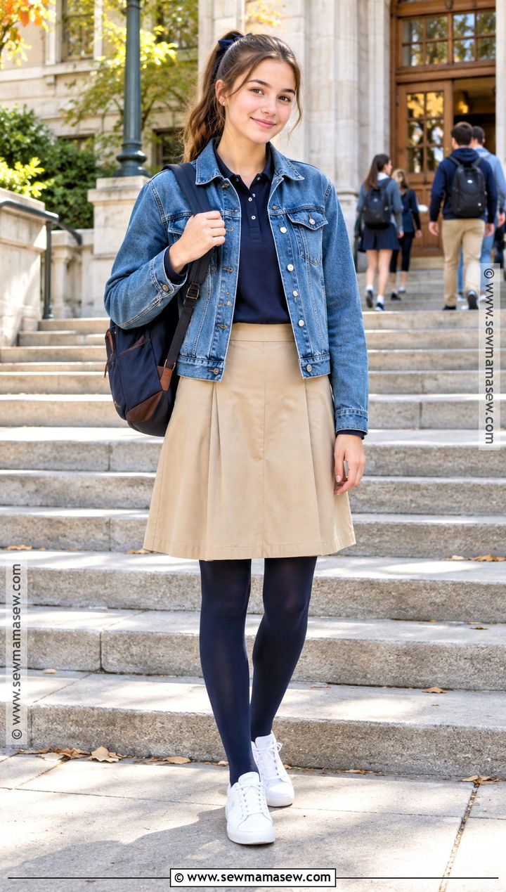 Fall School Uniform With Denim Jacket And Khaki Skirt - 15 fall school uniform inspiration ideas