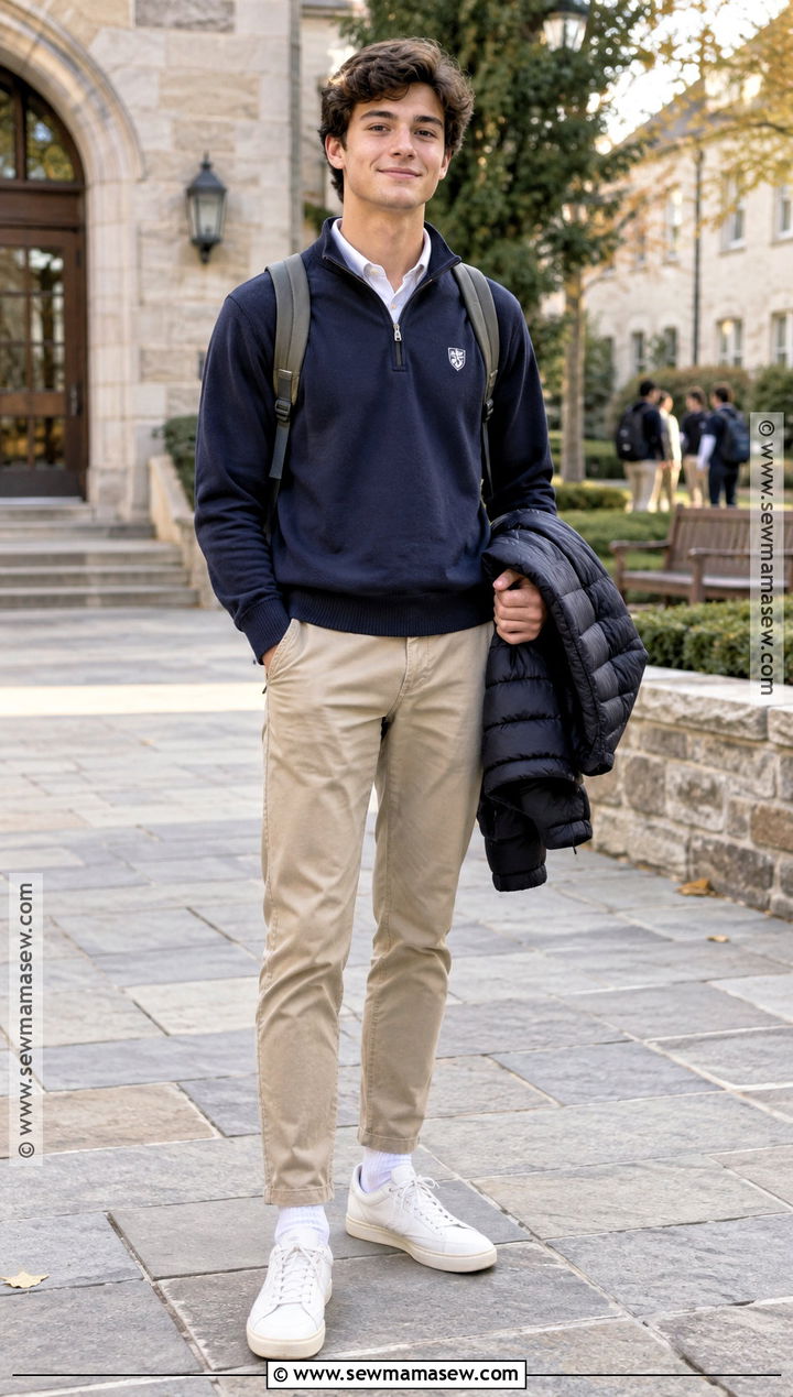 Fall School Uniform With Quarter Zip Sweater And Chinos - 15 fall school uniform inspiration ideas