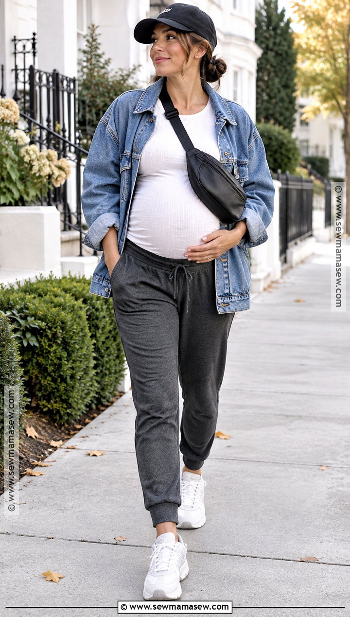 Fall Second Trimester Joggers And Denim Jacket Outfit - 15 fall second trimester outfit ideas