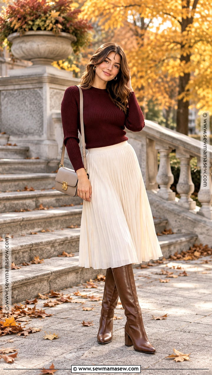 Fall Senior Photo Burgundy Sweater And Pleated Skirt - 15 fall senior photo outfit ideas
