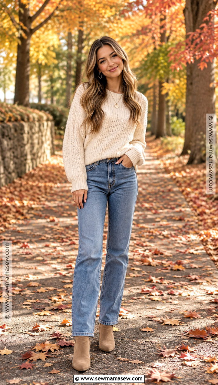 Fall Senior Photo Cream Sweater And Straight Leg Jeans - 15 fall senior photo outfit ideas