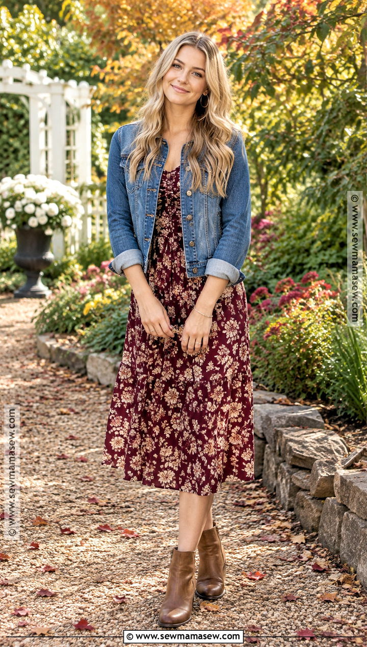 Fall Senior Photo Floral Midi Dress And Denim Jacket - 15 fall senior photo outfit ideas