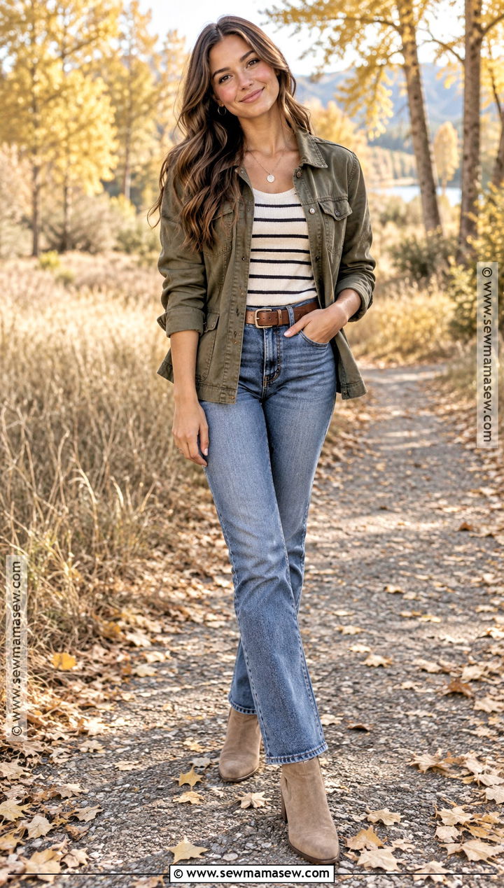 Fall Senior Photo Olive Utility Jacket And Striped Top - 15 fall senior photo outfit ideas